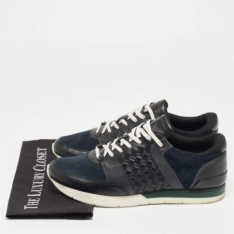 Pre Owned Bottega Veneta Navy Blue/Black Intrecciato Leather and Suede Lace Up Sneakers Size 43.5