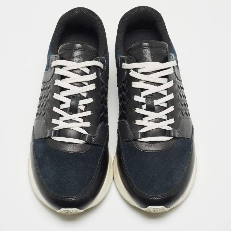 Pre Owned Bottega Veneta Navy Blue/Black Intrecciato Leather and Suede Lace Up Sneakers Size 43.5