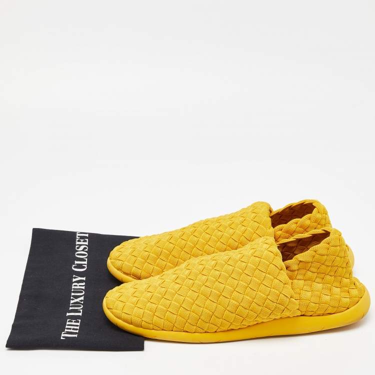 Pre Owned Bottega Veneta Yellow Woven Fabric Slip On Sneakers Size 45.5