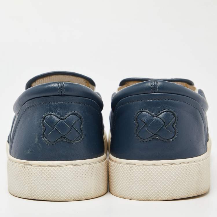 Pre Owned Bottega Veneta Blue Intrecciato Leather Slip On Sneakers Size 44
