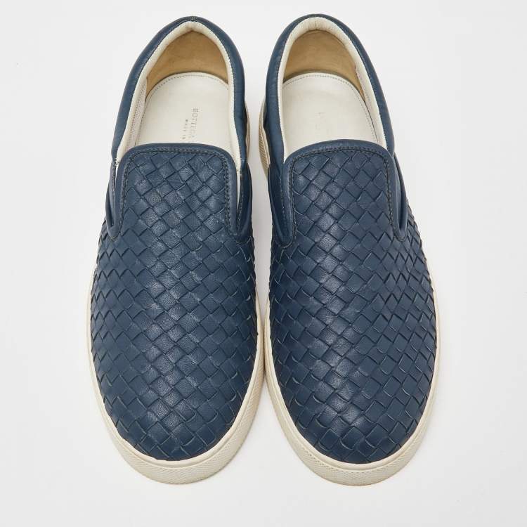 Pre Owned Bottega Veneta Blue Intrecciato Leather Slip On Sneakers Size 44