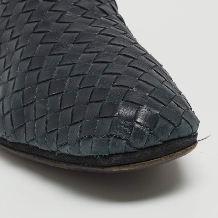Pre Owned Bottega Veneta Navy Blue Intrecciato Leather Smoking Slippers Size 42