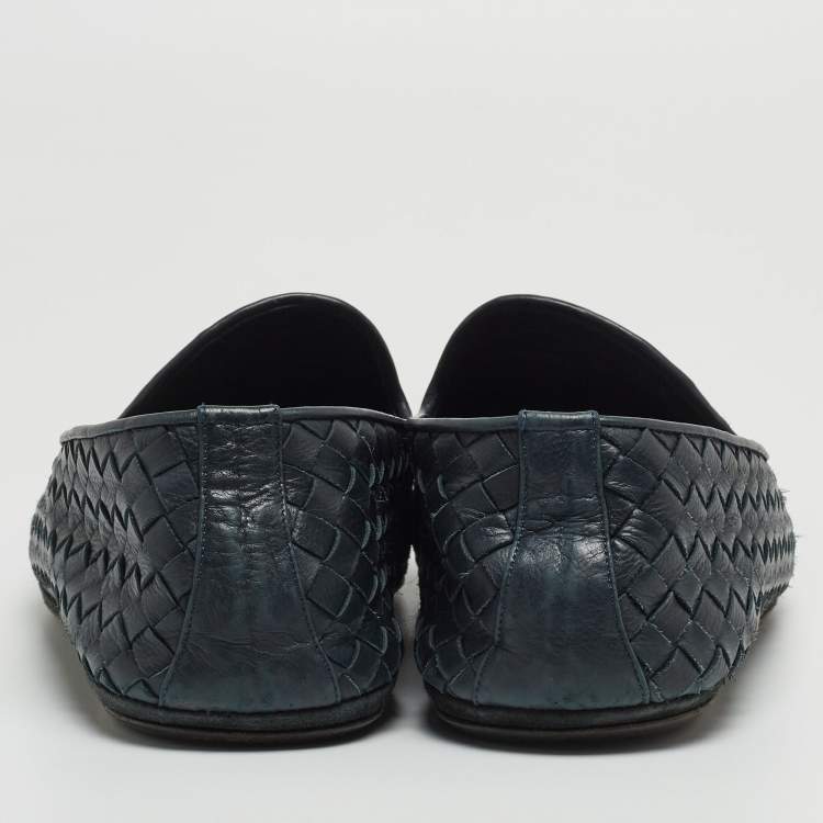 Pre Owned Bottega Veneta Navy Blue Intrecciato Leather Smoking Slippers Size 42