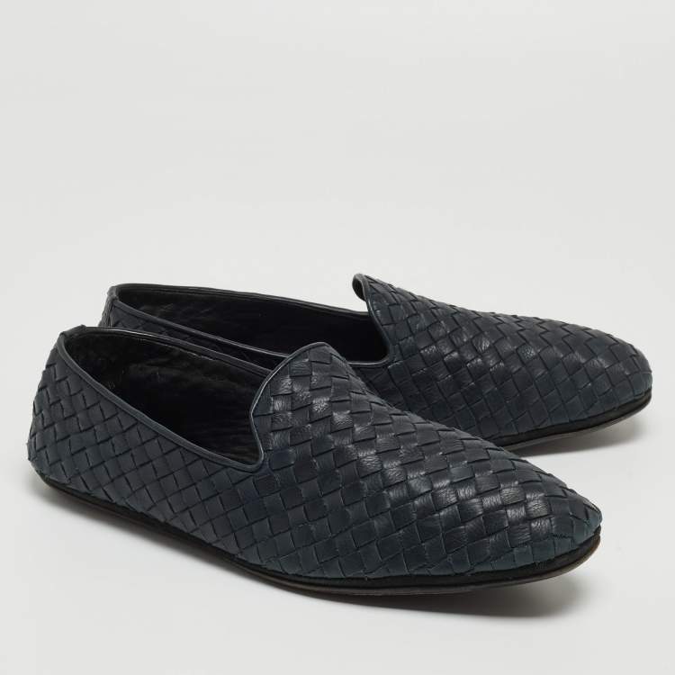 Pre Owned Bottega Veneta Navy Blue Intrecciato Leather Smoking Slippers Size 42