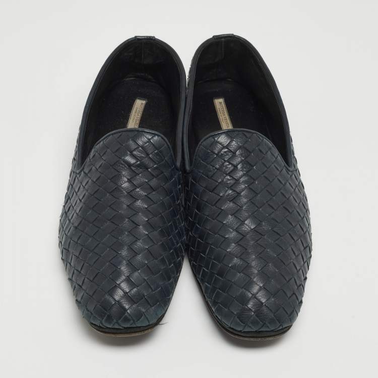 Pre Owned Bottega Veneta Navy Blue Intrecciato Leather Smoking Slippers Size 42