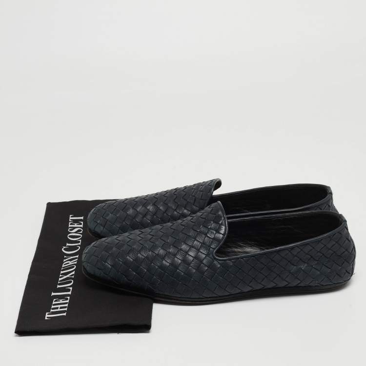 Pre Owned Bottega Veneta Navy Blue Intrecciato Leather Smoking Slippers Size 42