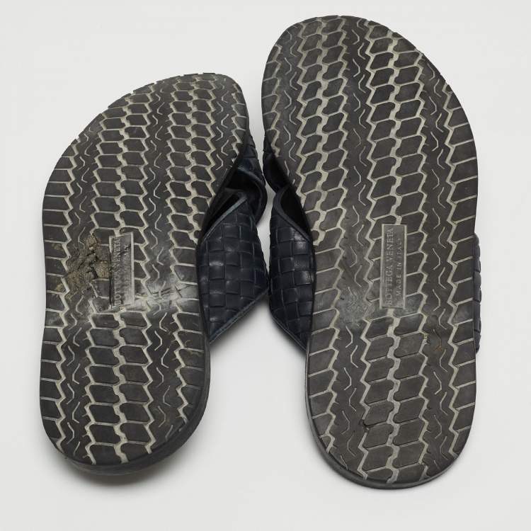 Pre Owned Bottega Veneta Navy Blue Intrecciato Leather Criss Cross Flat Slides Size 44