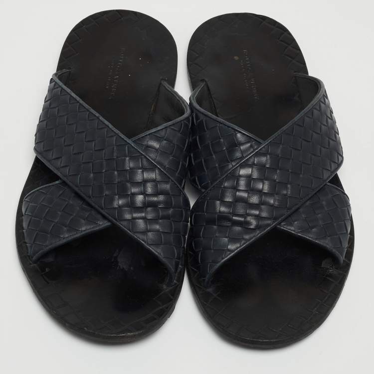 Pre Owned Bottega Veneta Navy Blue Intrecciato Leather Criss Cross Flat Slides Size 44