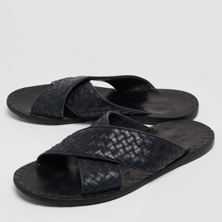 Pre Owned Bottega Veneta Navy Blue Intrecciato Leather Criss Cross Flat Slides Size 44