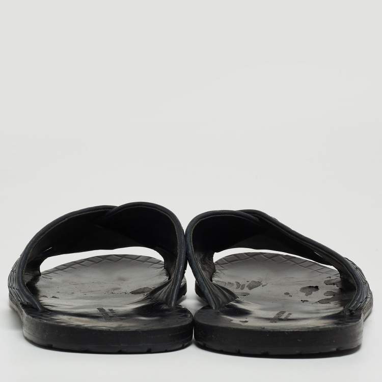 Pre Owned Bottega Veneta Navy Blue Intrecciato Leather Criss Cross Flat Slides Size 44