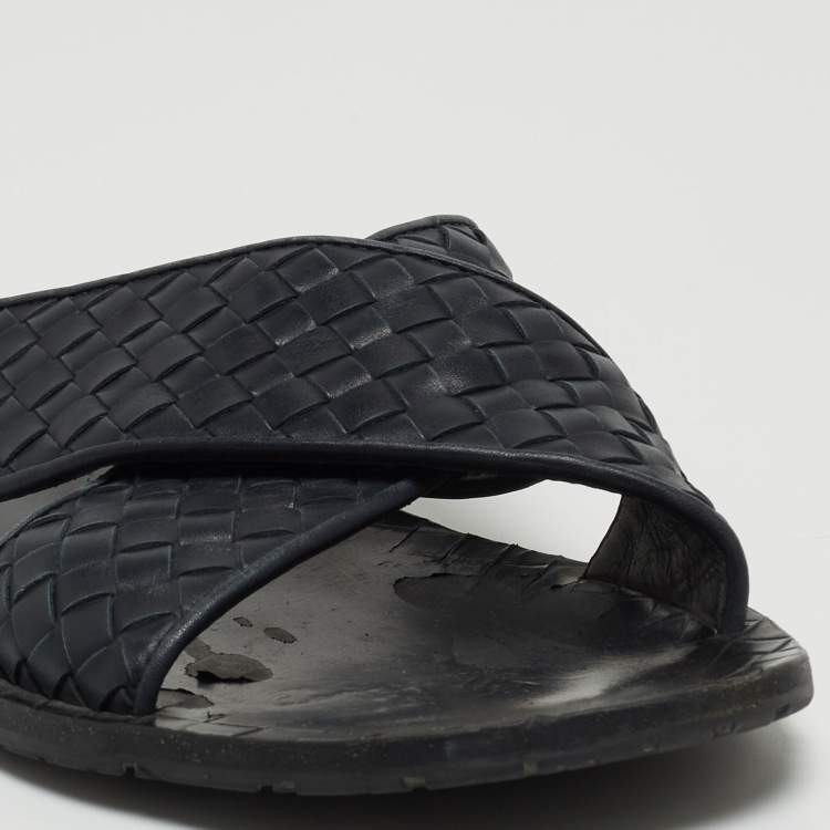 Pre Owned Bottega Veneta Navy Blue Intrecciato Leather Criss Cross Flat Slides Size 44
