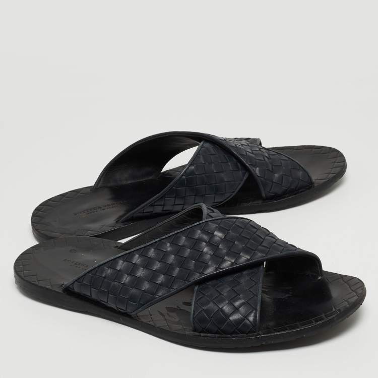 Pre Owned Bottega Veneta Navy Blue Intrecciato Leather Criss Cross Flat Slides Size 44