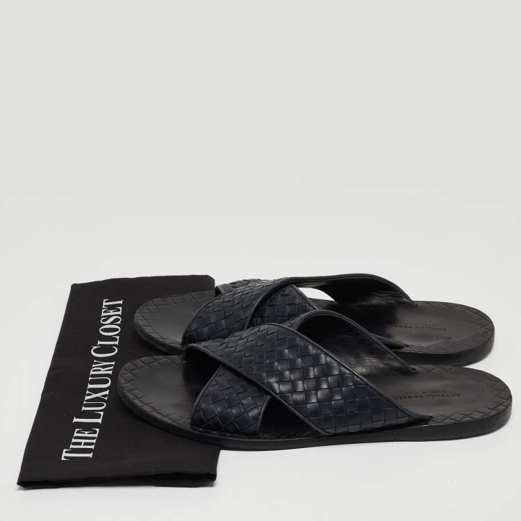Pre Owned Bottega Veneta Navy Blue Intrecciato Leather Criss Cross Flat Slides Size 44