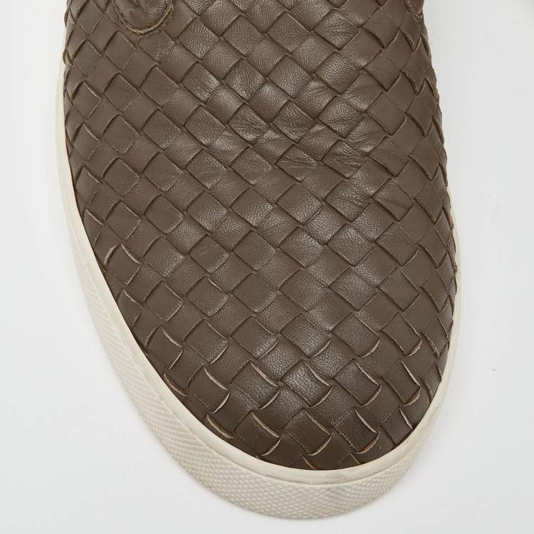 Pre Owned Bottega Veneta Brown Intrecciato Leather Slip On Sneakers Size 43.5