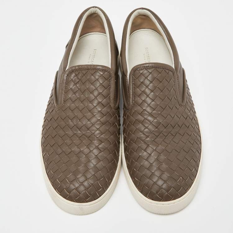 Pre Owned Bottega Veneta Brown Intrecciato Leather Slip On Sneakers Size 43.5