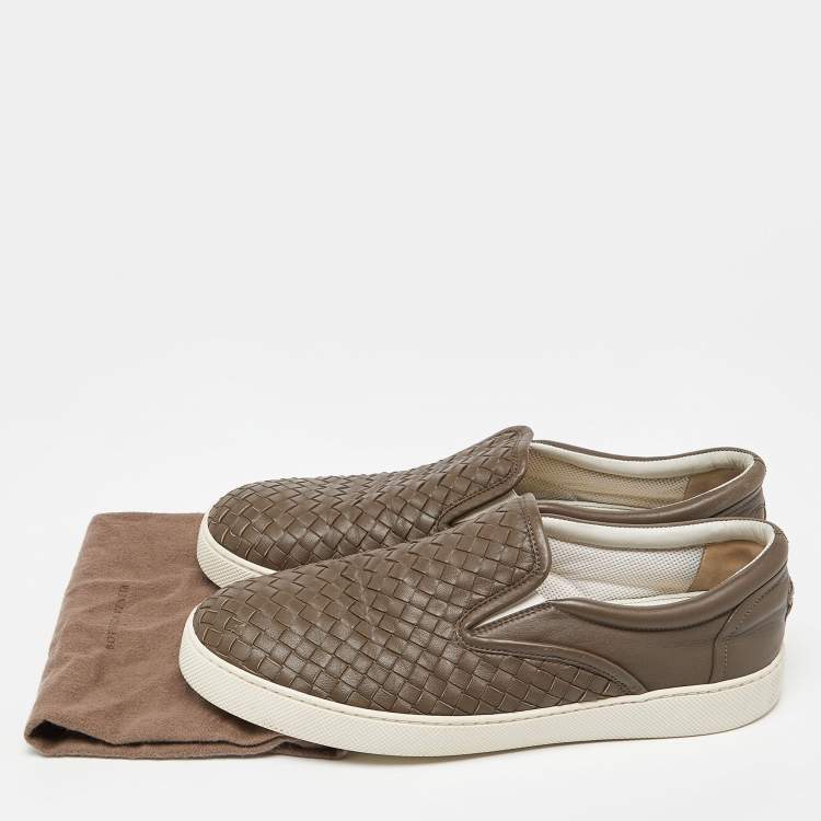 Pre Owned Bottega Veneta Brown Intrecciato Leather Slip On Sneakers Size 43.5