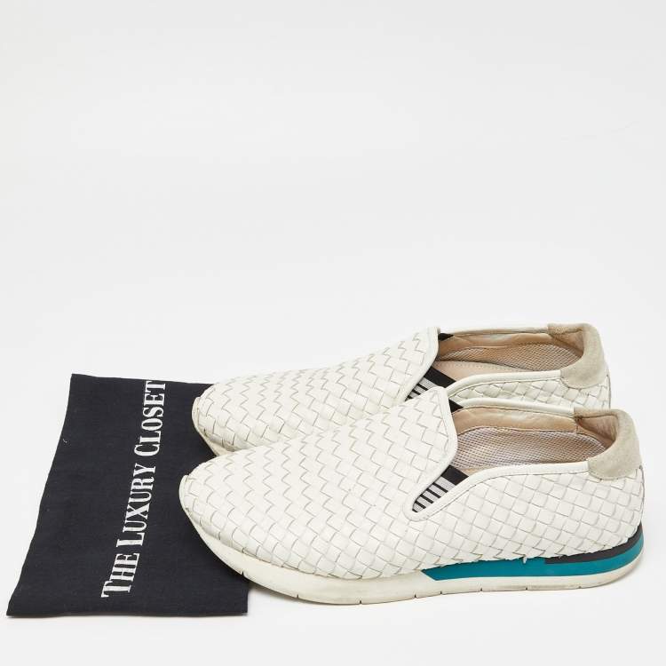 Pre Owned Bottega Veneta White Intrecciato Leather Slip On Sneakers Size 44