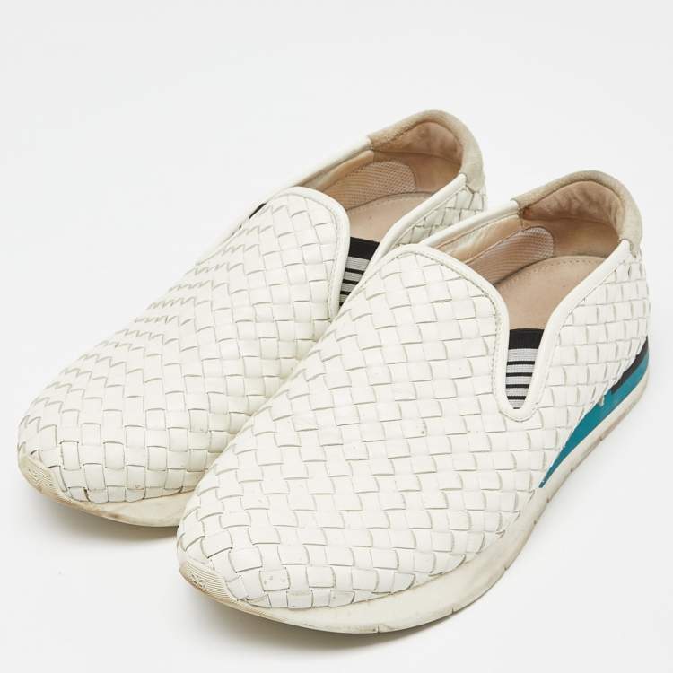 Pre Owned Bottega Veneta White Intrecciato Leather Slip On Sneakers Size 44