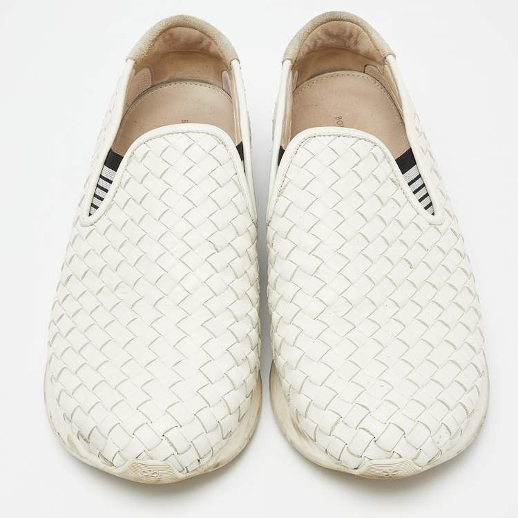 Pre Owned Bottega Veneta White Intrecciato Leather Slip On Sneakers Size 44