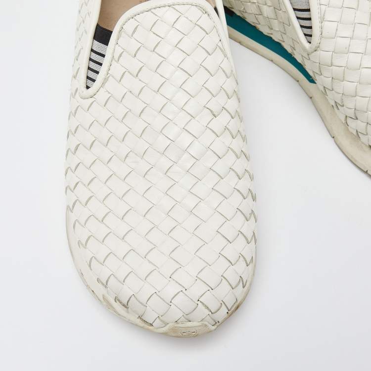Pre Owned Bottega Veneta White Intrecciato Leather Slip On Sneakers Size 44