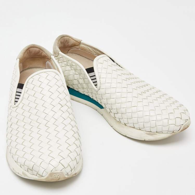 Pre Owned Bottega Veneta White Intrecciato Leather Slip On Sneakers Size 44
