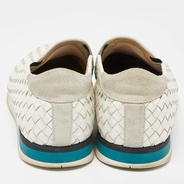 Pre Owned Bottega Veneta White Intrecciato Leather Slip On Sneakers Size 44