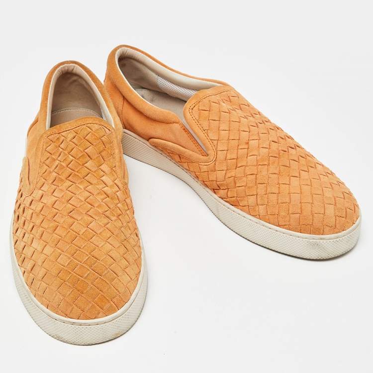 Pre Owned Bottega Veneta Orange Intrecciato Suede Dodger Slip On Sneakers Size 44