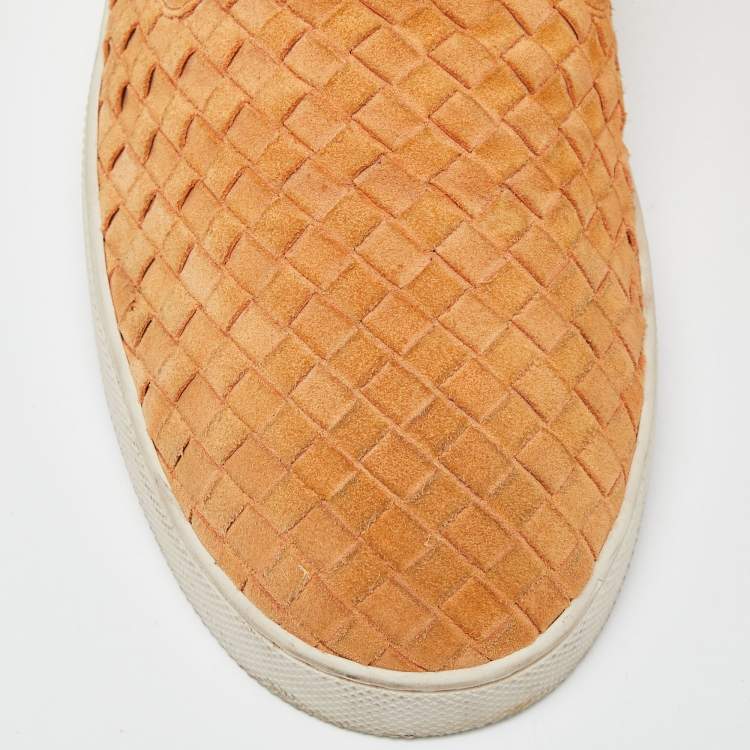 Pre Owned Bottega Veneta Orange Intrecciato Suede Dodger Slip On Sneakers Size 44