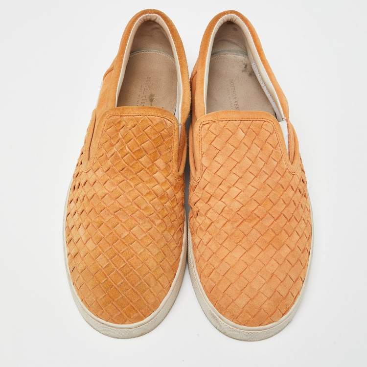 Pre Owned Bottega Veneta Orange Intrecciato Suede Dodger Slip On Sneakers Size 44