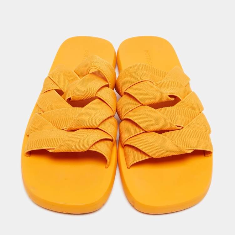 Pre Owned Bottega Veneta Yellow Canvas Flat Slides Size 45