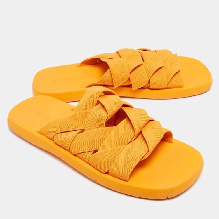 Pre Owned Bottega Veneta Yellow Canvas Flat Slides Size 45