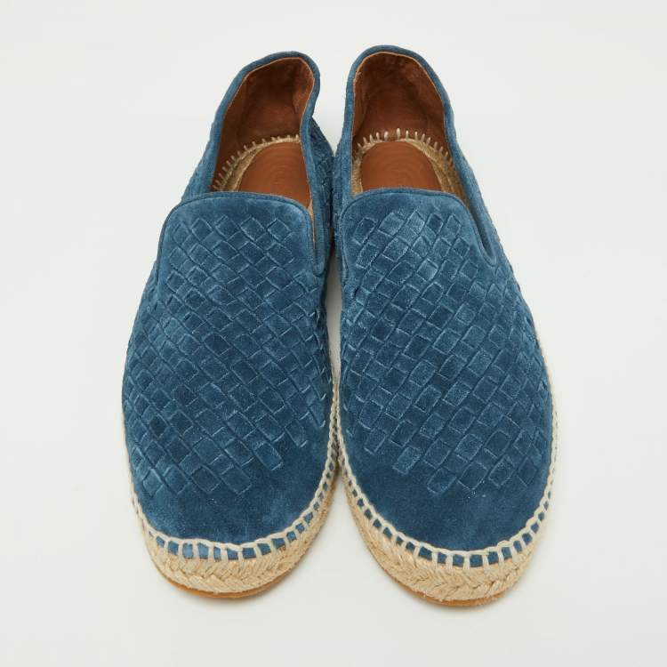 Pre Owned Bottega Veneta Navy Blue Intrecciato Suede Slip On Espadrilles Size 45