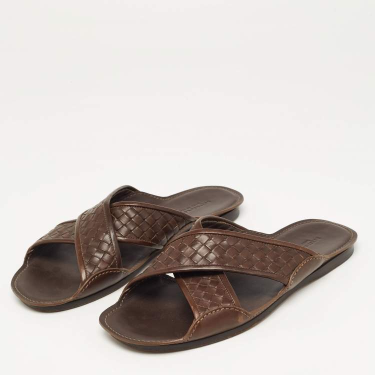 Pre Owned Bottega Veneta Brown Intrecciato Leather Cross Strap Slides Size 43