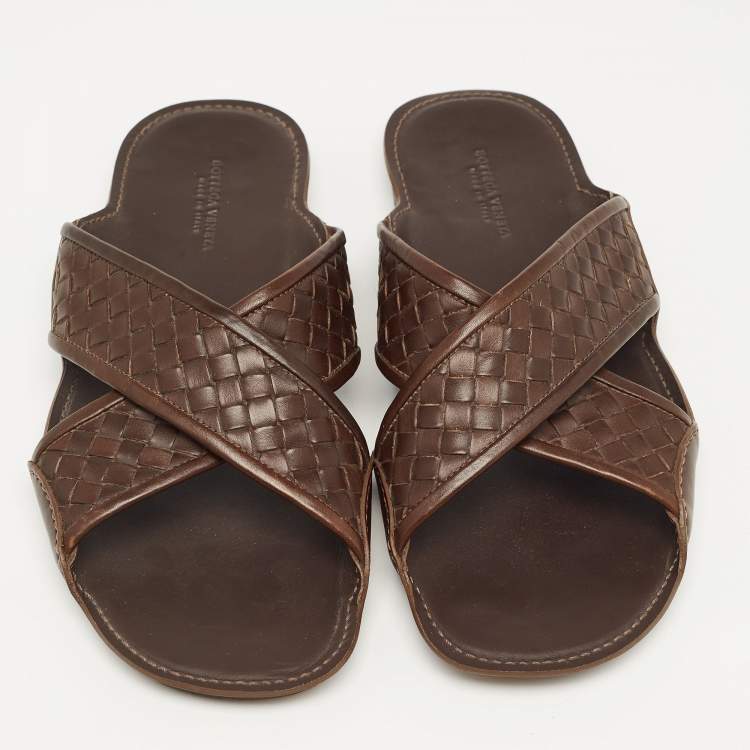 Pre Owned Bottega Veneta Brown Intrecciato Leather Cross Strap Slides Size 43
