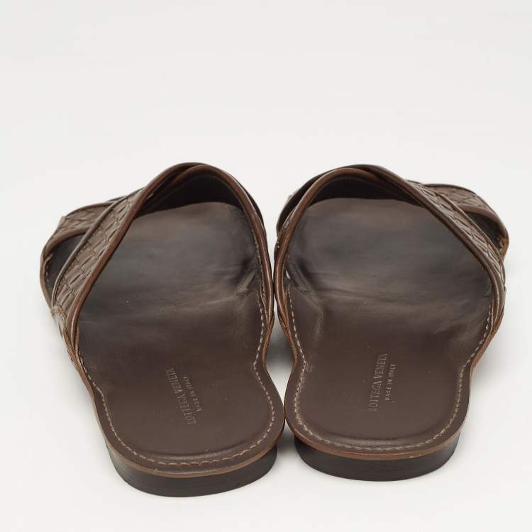 Pre Owned Bottega Veneta Brown Intrecciato Leather Cross Strap Slides Size 43