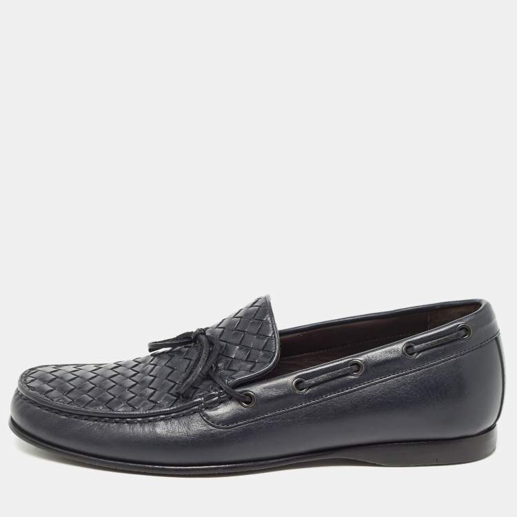 Pre Owned Bottega Veneta Navy Blue Leather Intrecciato Bow Loafers Size 43.5