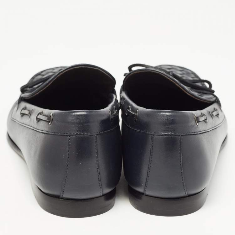 Pre Owned Bottega Veneta Navy Blue Leather Intrecciato Bow Loafers Size 43.5