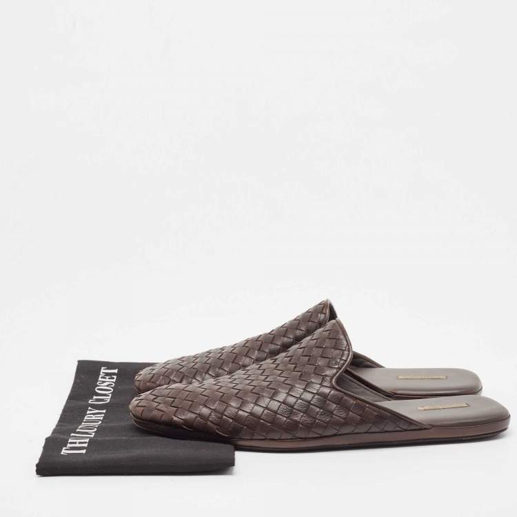 Pre Owned Bottega Veneta Brown Woven Leather Intrecciato Fiandra Mules Size 43