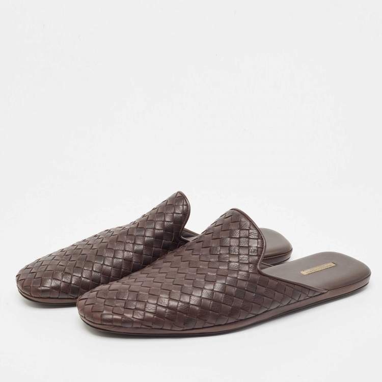 Pre Owned Bottega Veneta Brown Woven Leather Intrecciato Fiandra Mules Size 43