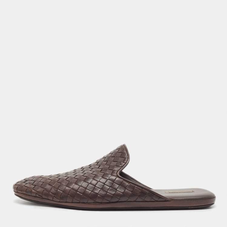 Pre Owned Bottega Veneta Brown Woven Leather Intrecciato Fiandra Mules Size 43