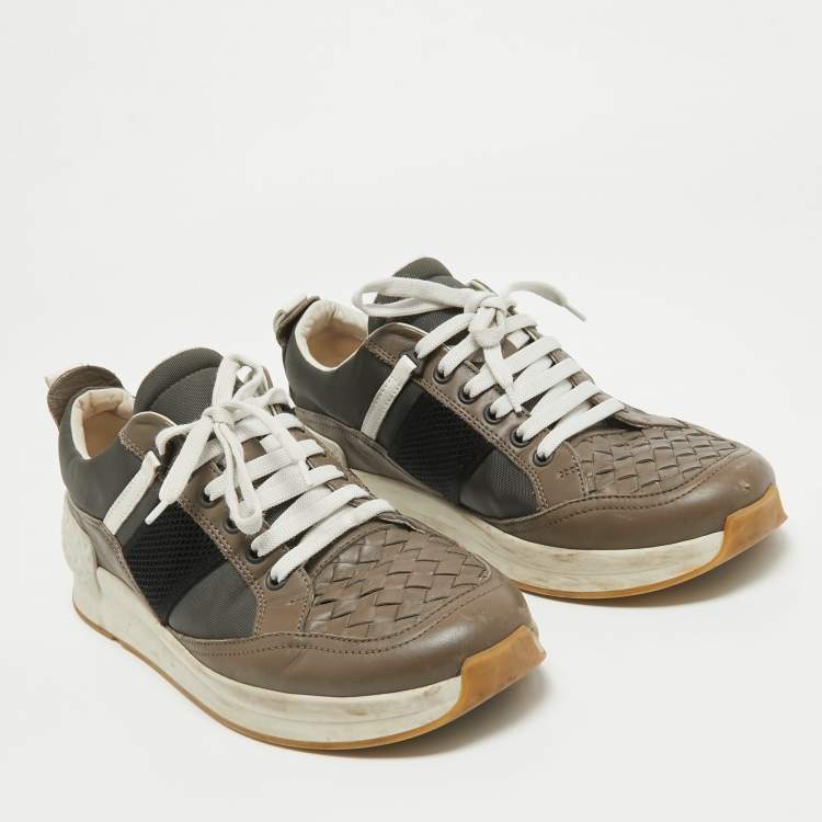 Pre Owned Bottega Veneta Multicolor Intrecciato Leather & Canvas Lace Up Sneakers Size 42
