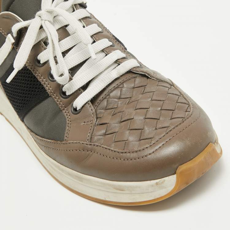 Pre Owned Bottega Veneta Multicolor Intrecciato Leather & Canvas Lace Up Sneakers Size 42