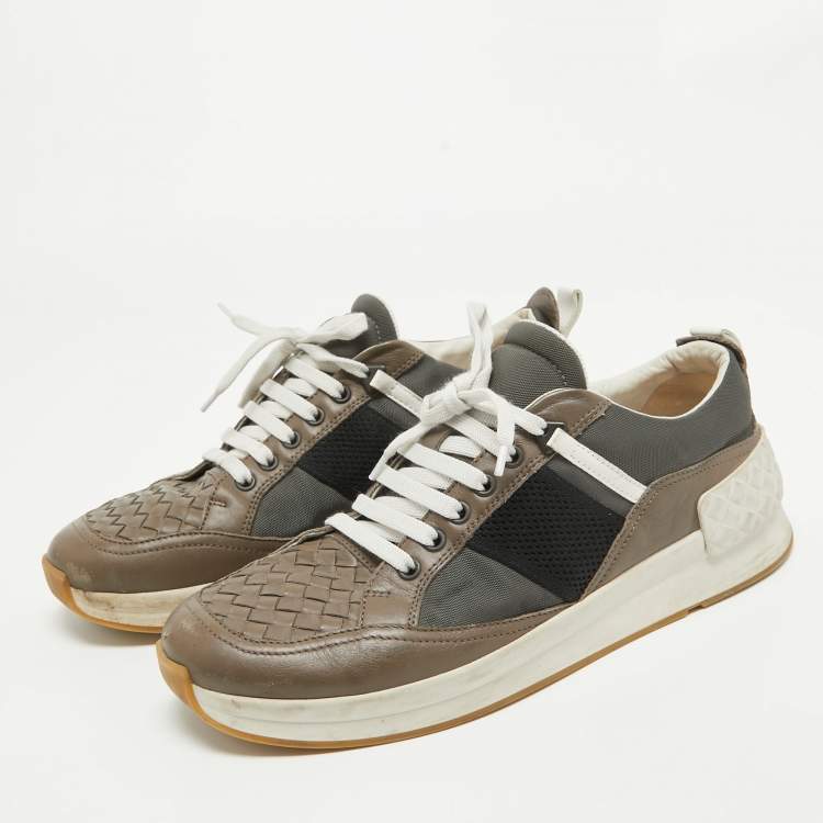 Pre Owned Bottega Veneta Multicolor Intrecciato Leather & Canvas Lace Up Sneakers Size 42