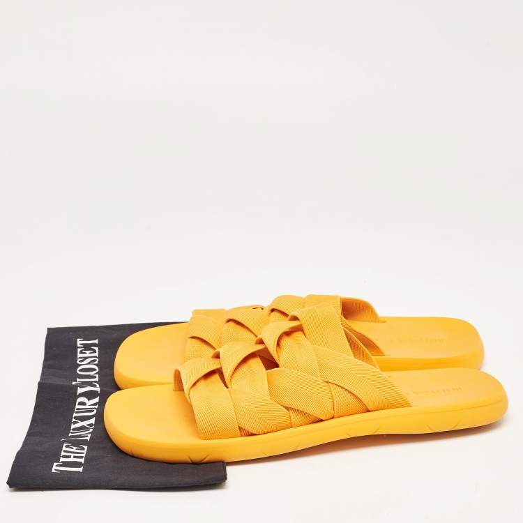 Pre Owned Bottega Veneta Orange Stretch Fabric Plat Slides Size 45