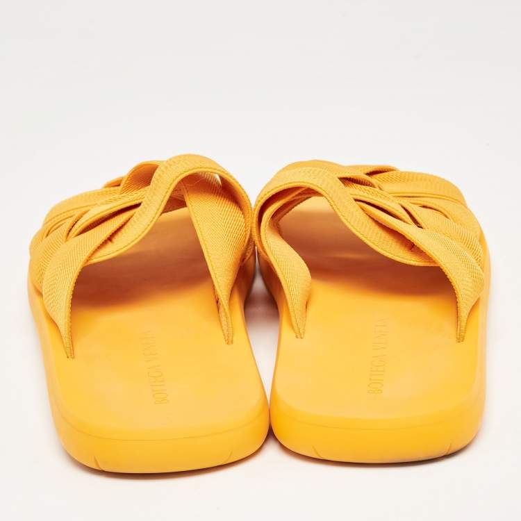 Pre Owned Bottega Veneta Orange Stretch Fabric Plat Slides Size 45