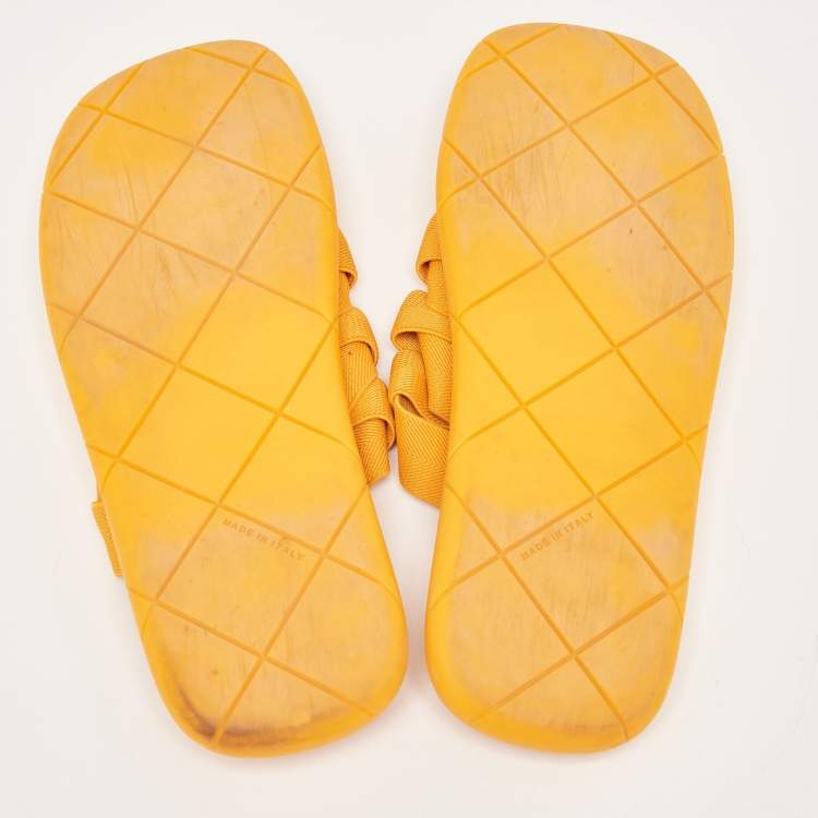 Pre Owned Bottega Veneta Orange Stretch Fabric Plat Slides Size 45