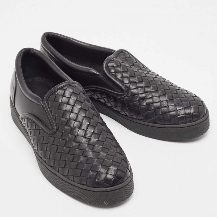 Pre Owned Bottega Veneta Black Intrecciato Leather Slip On Sneakers Size 40