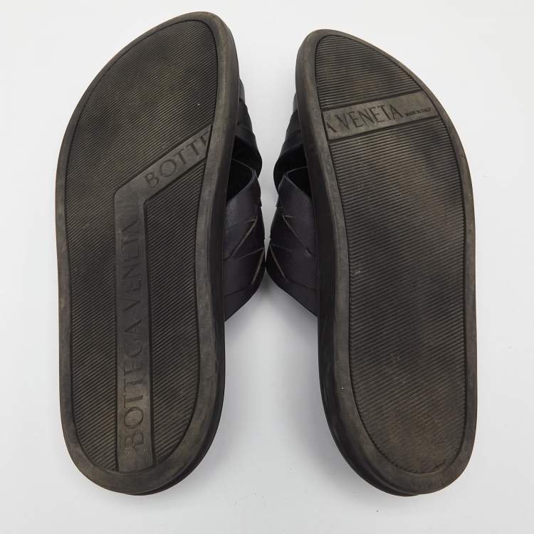 Pre Owned Bottega Veneta Black Woven Leather Cross Strap Flat Slides Size 43 