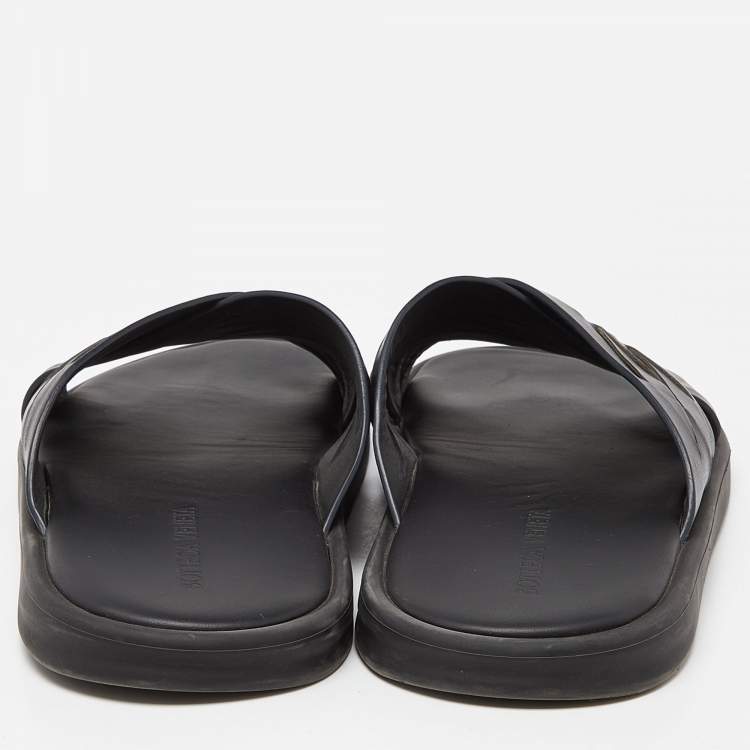 Pre Owned Bottega Veneta Black Woven Leather Cross Strap Flat Slides Size 43 
