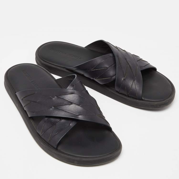 Pre Owned Bottega Veneta Black Woven Leather Cross Strap Flat Slides Size 43 